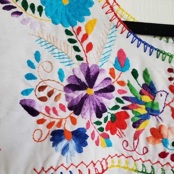 Vintage Mexican Colorful Rainbow Flower Embroider White Cotton Maxi House Dress - Picture 9 of 16